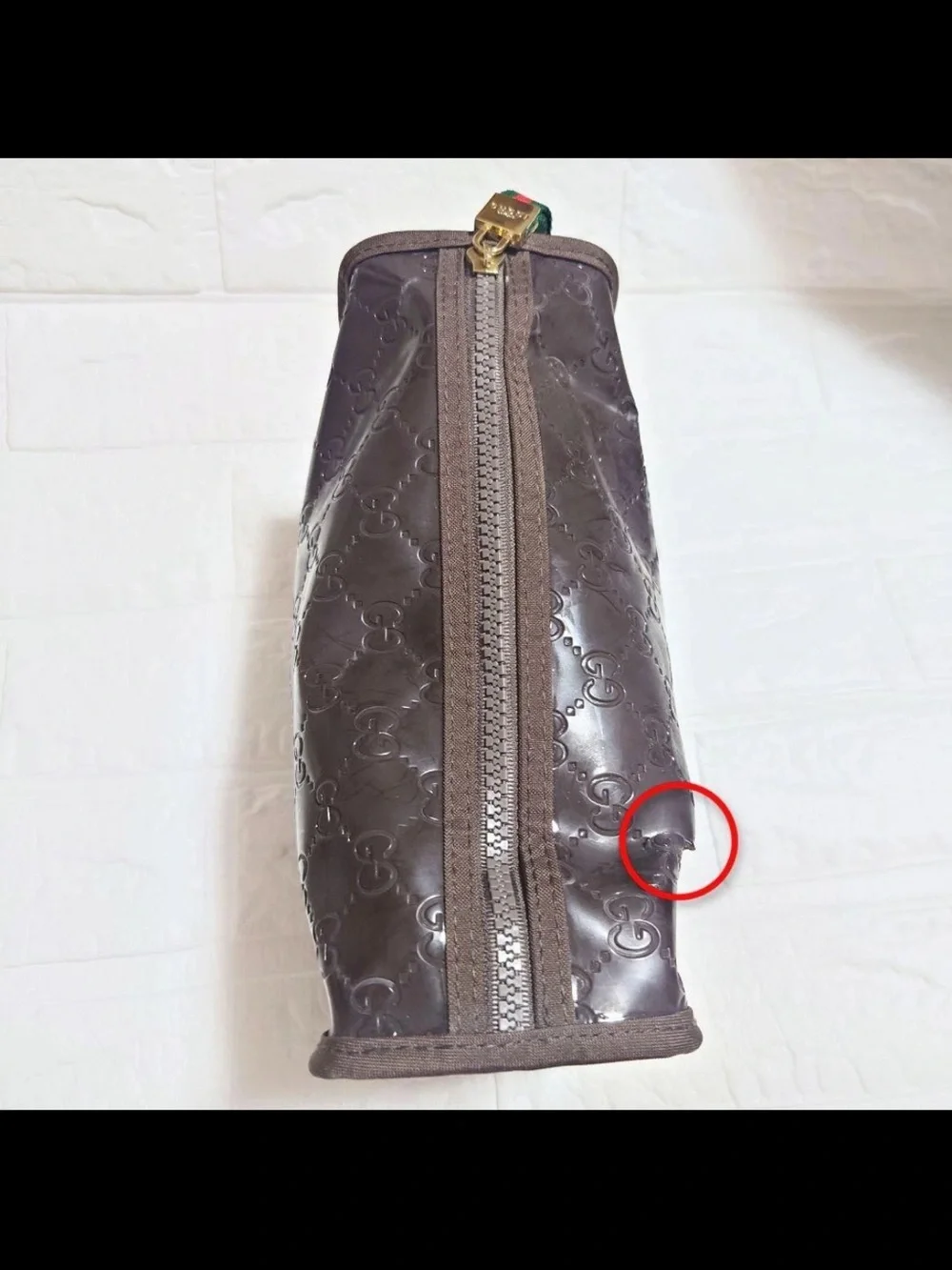 Gucci Brown Patent GG Embossed Cosmetic Pouch with Web Zip Pull